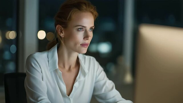 female energy economist reviewing clean power investment plan bright office muted typing sustainable finance planning cinematic color correction, gentle backlight, clean negative space, high