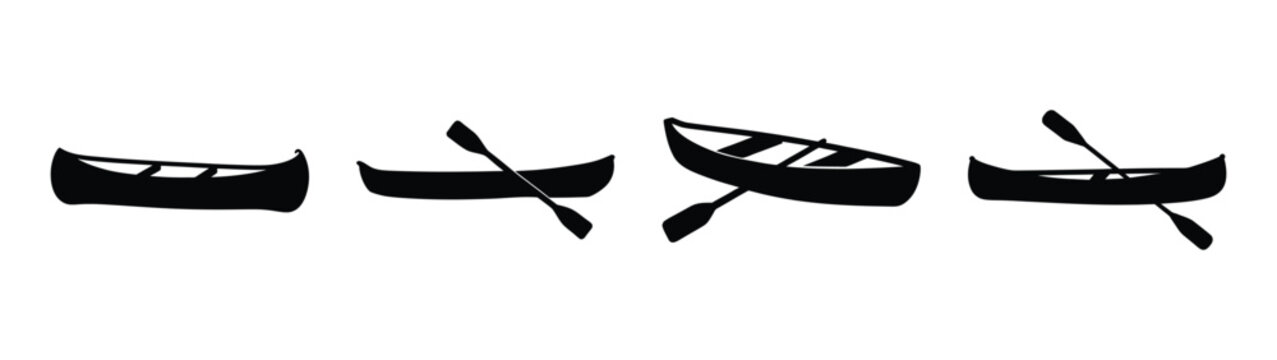 Four simple black silhouettes of canoes and paddles on a
