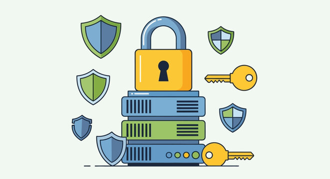 Cybersecurity Concept with Server Stack, Padlock, Keys, and Shield Icons