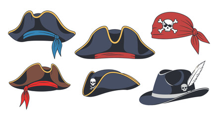 Collection of Pirate Hats and Headwear with Skull and Crossbones.