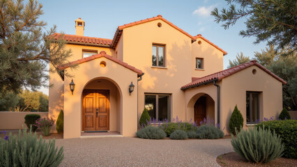 Beautiful modern house with warm color palette, featuring charming entrance, wooden doors, and landscaped gardens. serene setting enhances its