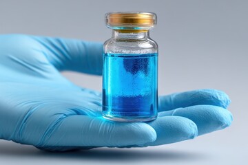 Scientist in Glove Holding Vial of Blue Liquid Medical Research Drug Discovery Breakthrough Pharmaceutical Innovation Healthcare Laboratory Vaccine Development New Medicine Cures