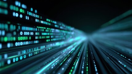 Abstract representation of data flow with glowing binary code in a digital environment.
