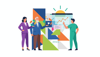 Diverse team analyzing growth data and strategic planning using abstract charts and concepts for 2026