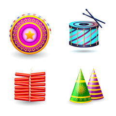 Diwali Celebration Objects Drum Firecrackers Party Hats