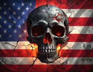 Skull Artwork with USA Flag Background Featuring Cracked Texture