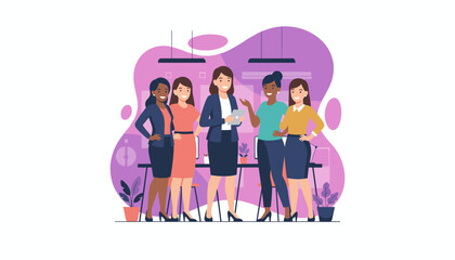 Diverse team of five professional women standing confidently in a modern office environment
