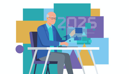 Elderly businessman analyzing 2025 data on a futuristic holographic display Innovation concept