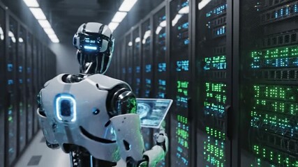 Artificial intelligence robot interacting with digital data visualization on futuristic screen in server room - Powered by Adobe