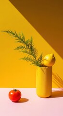 Vibrant yellow still life with tomato and lemons in a ribbed vase