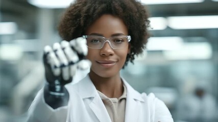 female scientist demonstrating laboratory automation robot to interns soft mechanical hum innovation modern education cinematic color correction, gentle backlight, clean negative space, high