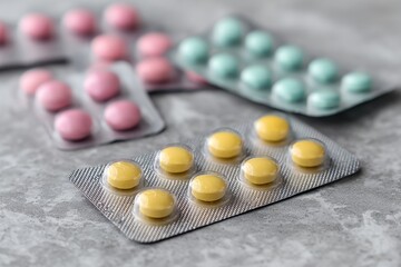 Conceptual Assemblage of Pharmaceutical Tablets in Silver Blister Packs: Colorful and Varied Oral Contraceptives Showcasing Choices in Medical Treatments, Focusing on Texture and Patterns