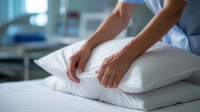 Close-up of hands tucking a pillow into a crisp white pillowcase on a bed