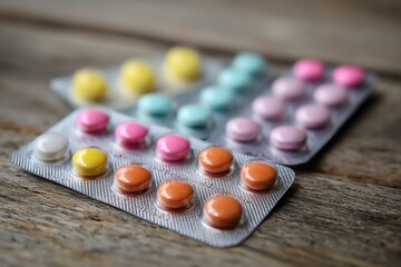 Multi-Colored Pills in Blister Packs on Wood Surface: Healthcare Industry, Pharmaceutical Products, Medical Treatment, Wellness Supplements, Prescription Drugs, Vitamin and Mineral Dosage