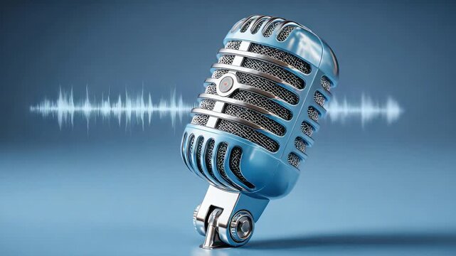 A stylized, retro-looking blue microphone against a gradient backdrop, with audio wave graphics