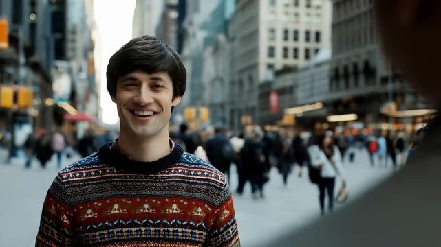 Young Man Smiling in Busy City Street
