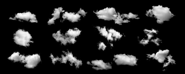 Realistic isolated cloud set on black background, perfect for sky replacement, and graphic design projects. High-resolution fluffy clouds with soft edges for photo compositing and effects.