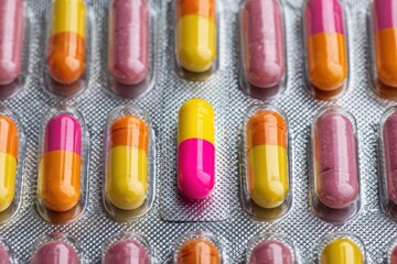 Pharmaceutical Industry Medication Capsules Blister Pack Healthcare Colored Pills Medicine Treatment Pharmacy Prescription Drugs Tablet Pain Relief Medical Supplies Chemical Compound Lab Research