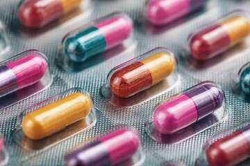 Pharmaceutical Industry Colorful Capsules Blister Pack Healthcare Medication Pain Relief Colored Pills Medicine Treatment Pharmacy Prescription Drugs Tablet Medical Supplies Chemical Compound