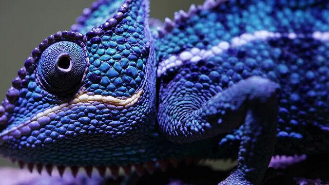 Close-up video shot of a chameleon in profile, highlighting its textured skin and vibrant colors, captured from a low angle for dramatic effect.