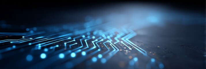 Digital circuit board paths glowing with blue light, illustrating concepts of modern information technology, data transfer, communication, and advanced electronic systems on a dark background
