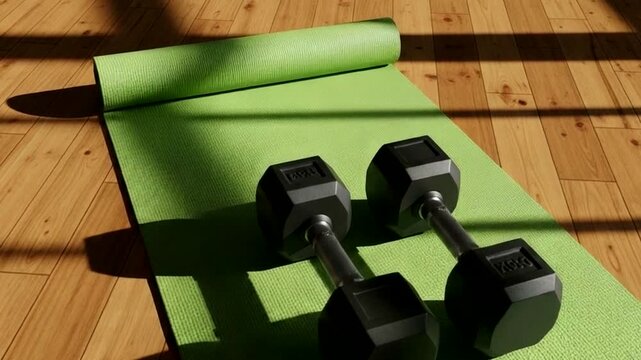 Dumbbells and yoga mat on wooden floor with window light shining