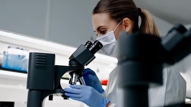 Scientist Examining Sample Under Microscope in Laboratory
