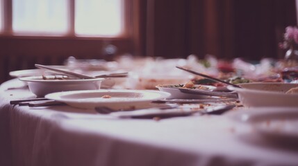 satiety. Banquet table covered with empty plates and leftover food, scattered utensils in muted light. menu design, packaging mockups, designed for food delivery and cloud-kitchen brand materials.