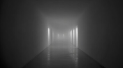 veil. A foggy grey corridor with distant doorways and soft, diffused lighting. real-estate listings, architecture portfolios, designed for real-estate listing and luxury residence showcases.