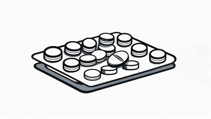 Black and white line art of pill blister pack with scattered pills against white background