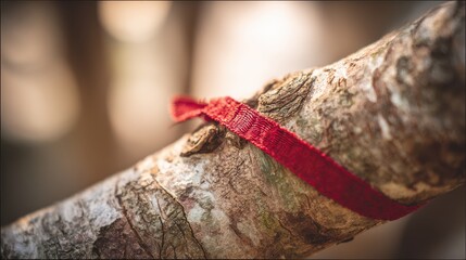 tied. Red silk ribbon tied around an old tree branch, close-up on textured bark. gardening catalogs, home-decor guides, designed for gardening and botanical catalogs.