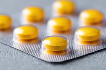 Pharmaceutical Pills in Blister Pack Close Up: Yellow Medication for Health, Dietary Supplements, and Remedy, Shiny Silver Packaging, Prevention and Treatment on Neutral Backdrop