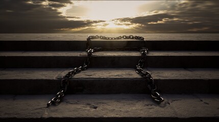 shackles. Broken metal chains on stone steps under dramatic lighting. wellbeing guides, coaching materials, designed for coaching and self-improvement content, supports wellbeing.
