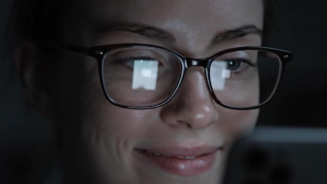 Close-up portrait of a woman wearing glasses with screen reflections