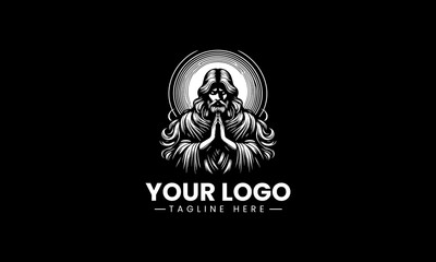 Striking black vector illustration of Jesus Christ praying with a beautiful radiant halo creating a powerful spiritual worship symbol