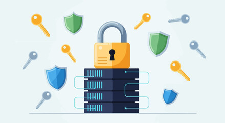 Cybersecurity Concept with Servers, Padlock, Shields, and Keys