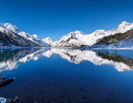 serene snow covered mountains reflecting in a calm lake under a clear blue sky