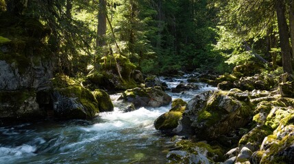 Obraz premium confluence. Two forest streams merging into a single river, blending water currents, mossy rocks, dappled sunlight through trees. ESG reports.