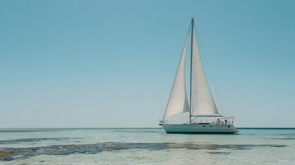 Fototapeta premium Sailboat on shallow turquoise water with clear blue sky backgrou