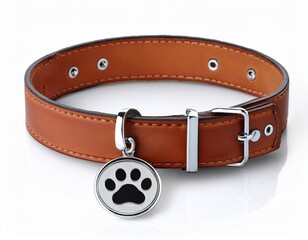 brown leather dog collar with a paw print tag isolated on white background