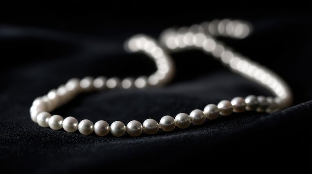 luster. A single strand of pearls arranged in curves on black velvet with soft lighting. lifestyle magazines, social media lookbooks, designed for lifestyle magazines and social media content.