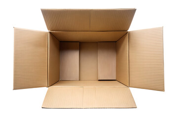 An empty open brown cardboard shipping box with its flaps extended outward isolated on transparent background