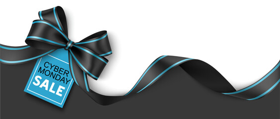 Naklejka na ściany i meble Cyber monday sale design template. Decorative black bow with blue price tag and long ribbon. Vector illustration. 
