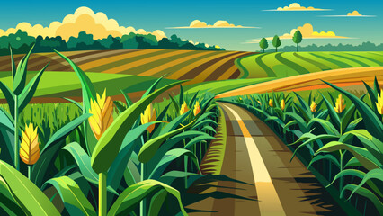 Obraz premium Very beautiful close-up view of a cornfield along Route 30 in Iowa, USA, showcasing lush green corn stalks, the rural roadside, and the rich agricultural landscape of the Midwest.