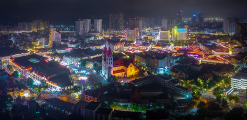 Night view of St. Michael's Cathedral in Qingdao, China
