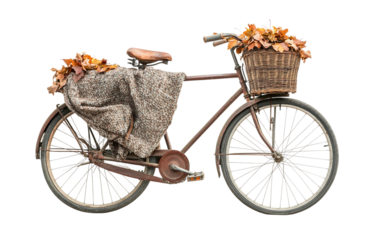 Vintage bicycle leaning with basket filled with autumn leaves and warm woolen blanket for seasonal charm isolated on white background PNG