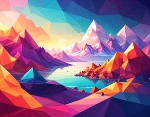 Abstract polygonal mountain landscape with lake, rendered in vibrant, low-poly, faceted style
