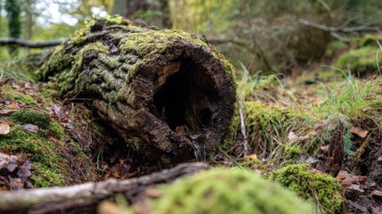Obraz premium hollow. Hollow tree trunk collecting rainwater in a forest setting. ESG reports, sustainability campaigns, designed for sustainability communications and ESG reporting, drives climate awareness.