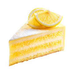 Lemon cake slice, isolated on white background, realistic, studio lighting, centered, no shadow, transparent background