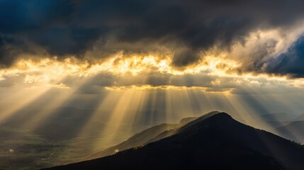 bedrock. Golden light breaking through clouds over a majestic mountain peak. travel magazines, destination branding, designed for outdoor magazines and nature guides and travel destination branding.